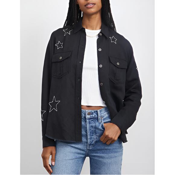 Rails Loren Black Embroidered Stars Raw Hem Long Sleeve Shirt Jacket Shacket S - Picture 1 of 10